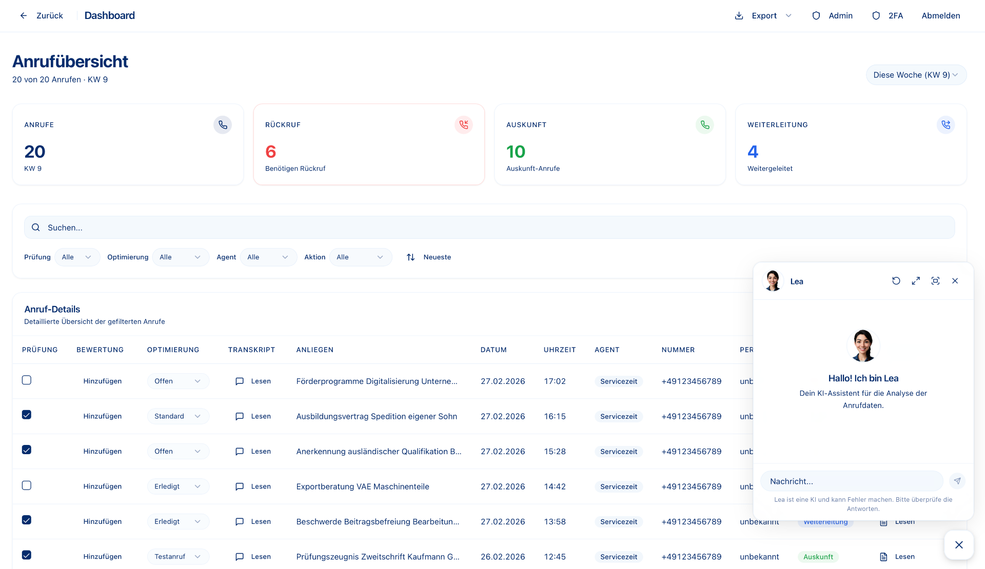 Detailliertes Dashboard mit Anruf-Tabelle, Filtern und Export